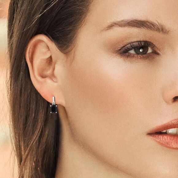 925 Sterling Silver with 3.39 Cttw Black Onyx and White Diamond Oval Earrings - Picture 3 of 4